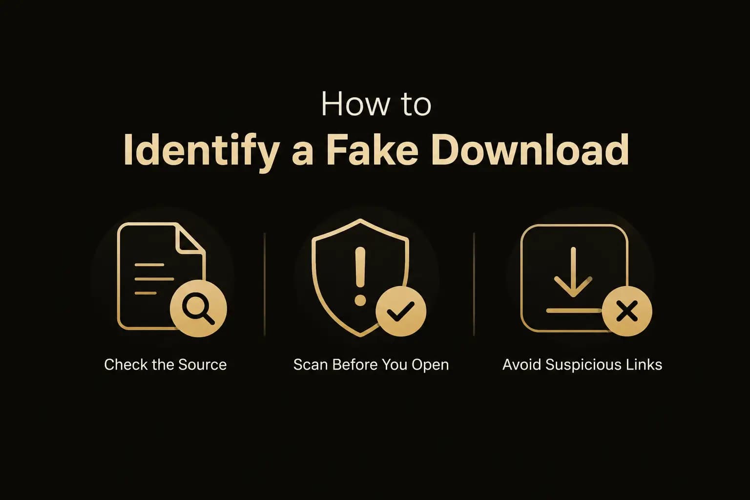 How to Identify a Fake Download graphic showing check-the-source, scan and avoid-links icons