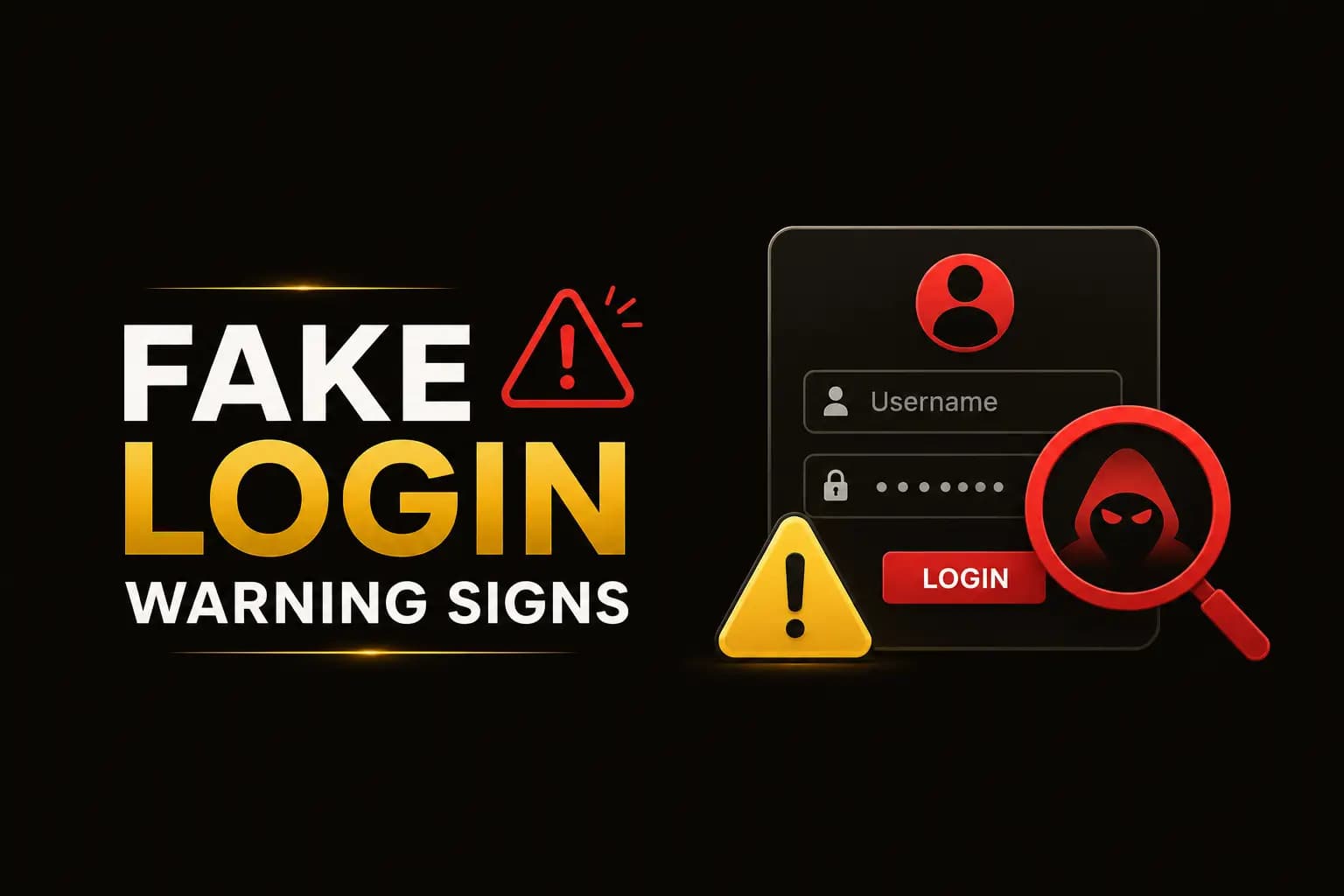 Fake Login Warning Signs graphic with a suspicious login form and a hooded phishing icon