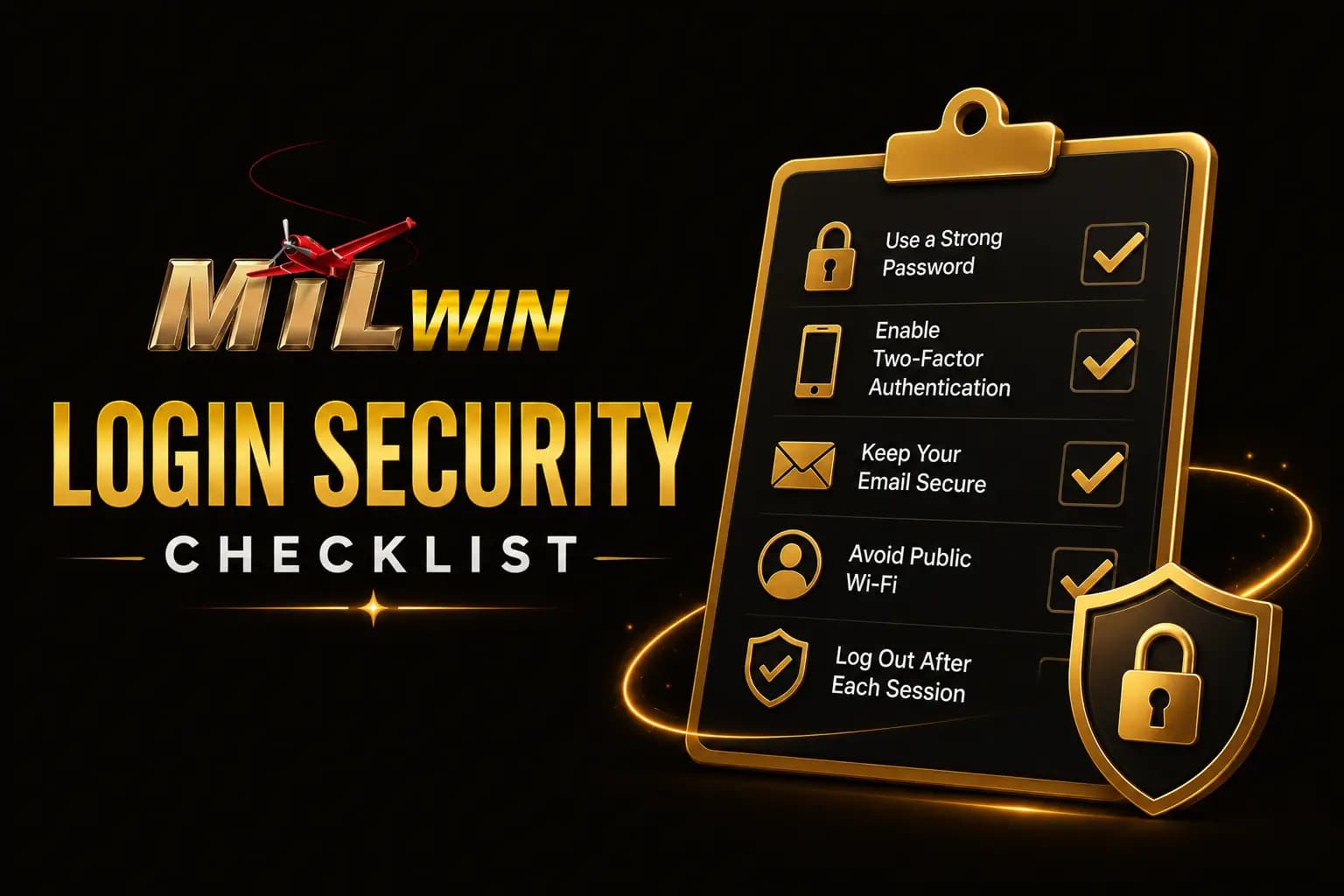 Mil Win Login Security Checklist graphic with strong password, 2FA and log-out reminders