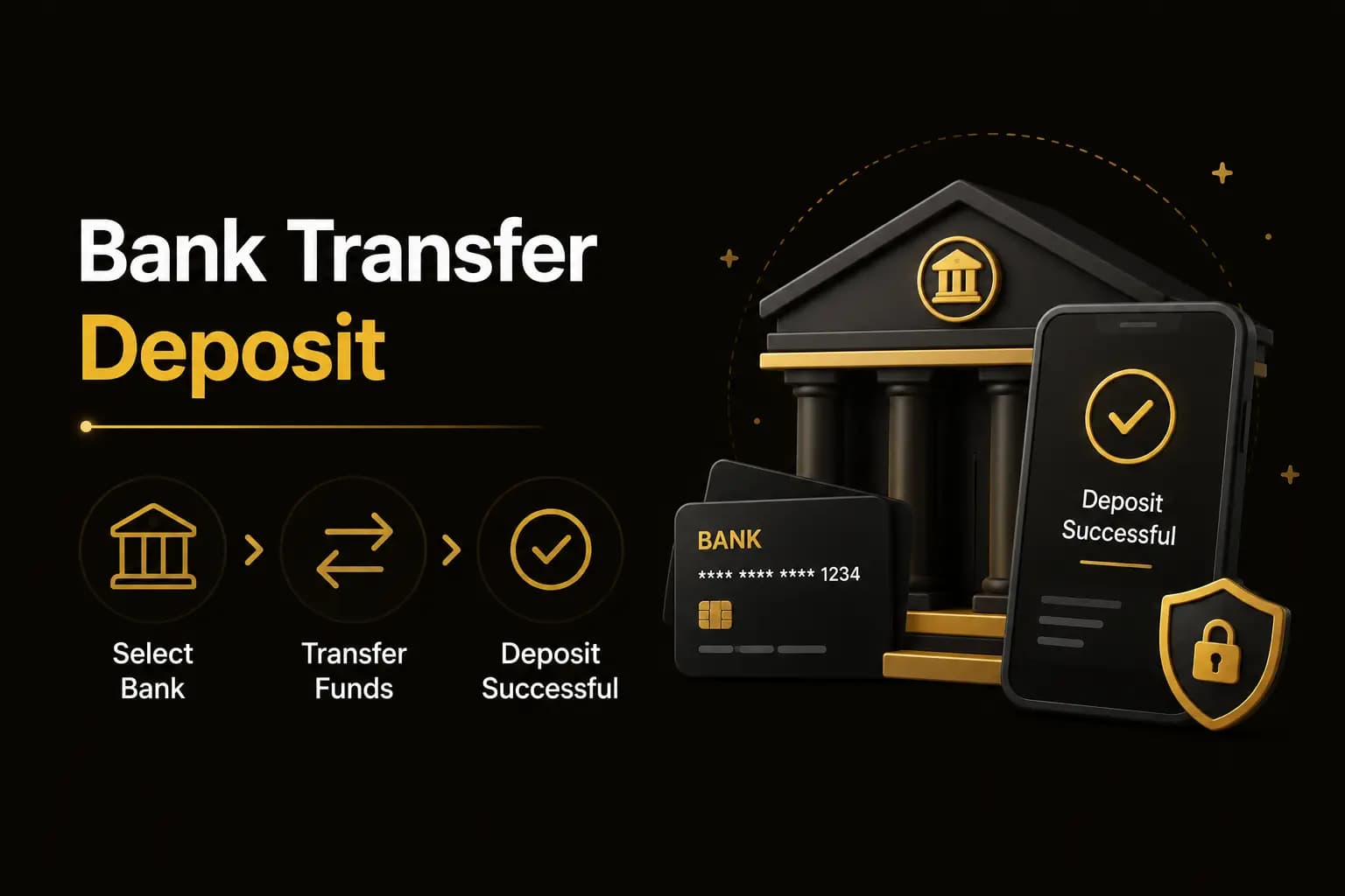 Bank Transfer Deposit Bank Transfer Deposit graphic with select-bank, transfer-funds and deposit-successful icons