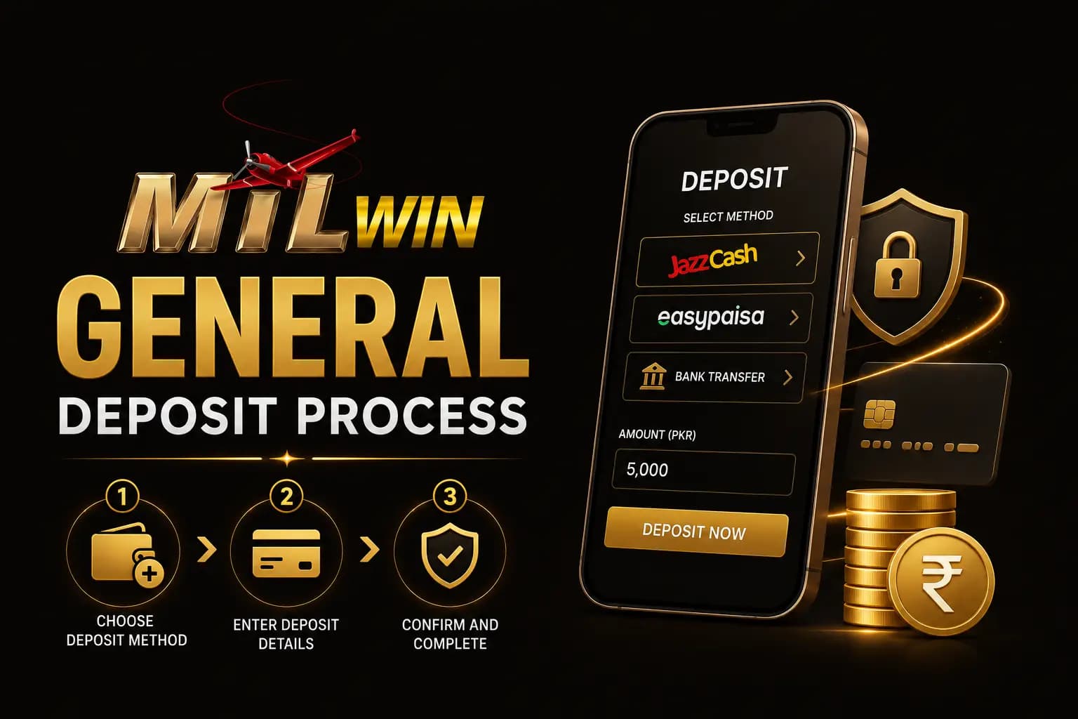 General Deposit Process Mil Win General Deposit Process graphic showing the deposit method, amount and confirm steps on a phone