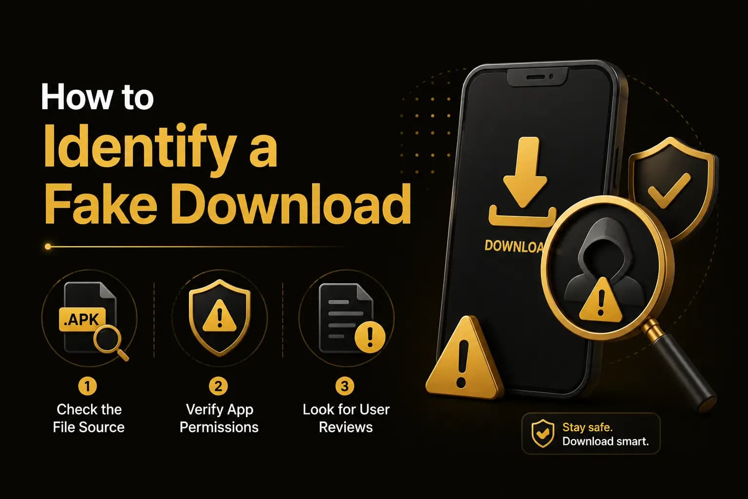 How to Identify a Fake Download How to Identify a Fake Download graphic with check-the-source, verify-permissions and user-review icons