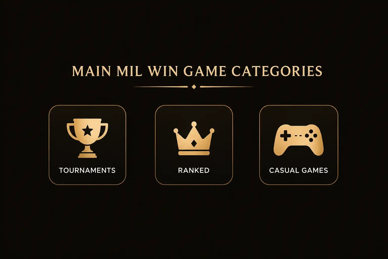 Main Mil Win Game Categories Main Mil Win Game Categories graphic with tournaments, ranked and casual games icons