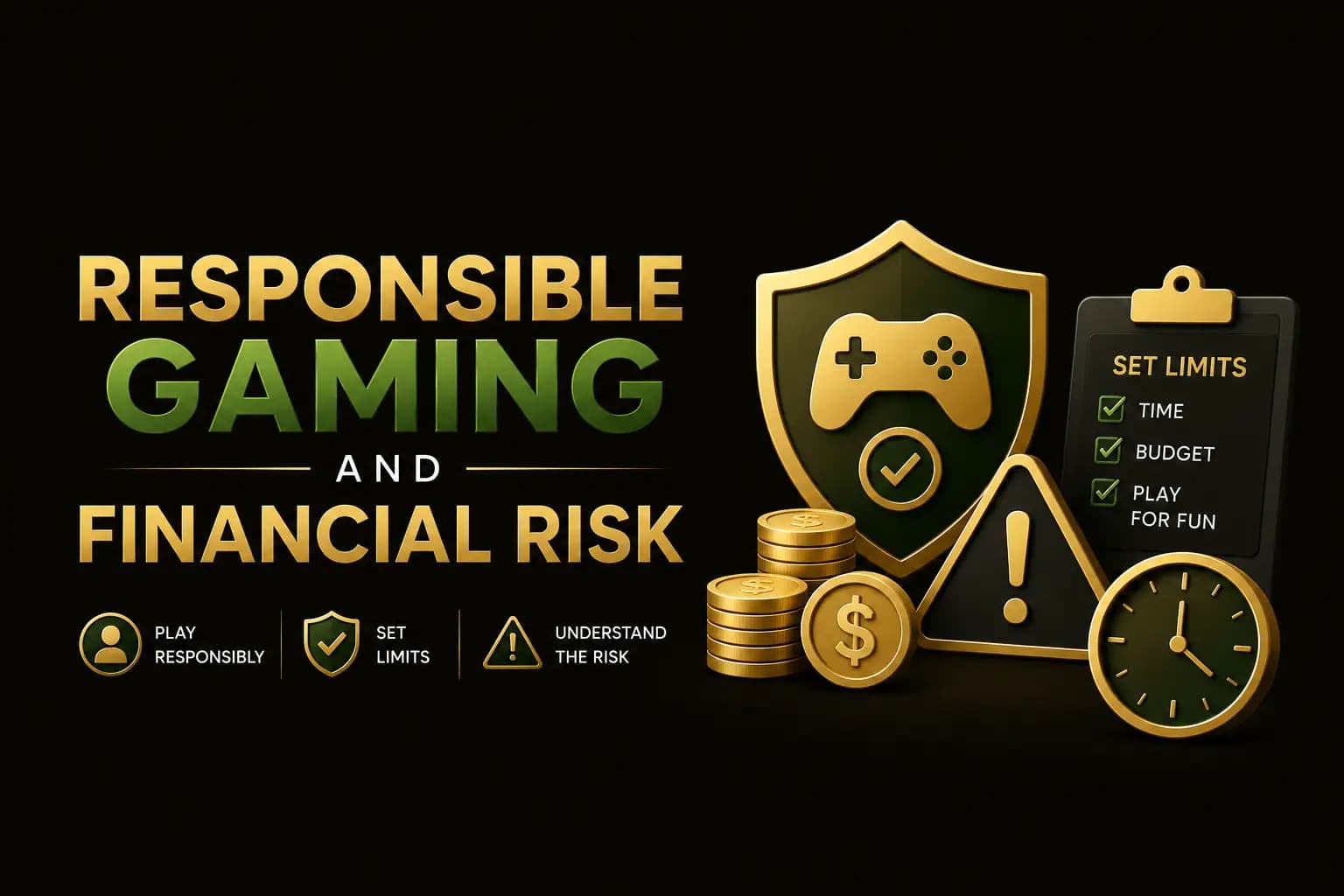 Responsible Gaming and Financial Risk Responsible Gaming and Financial Risk graphic with set-limits checklist, coins and a warning icon