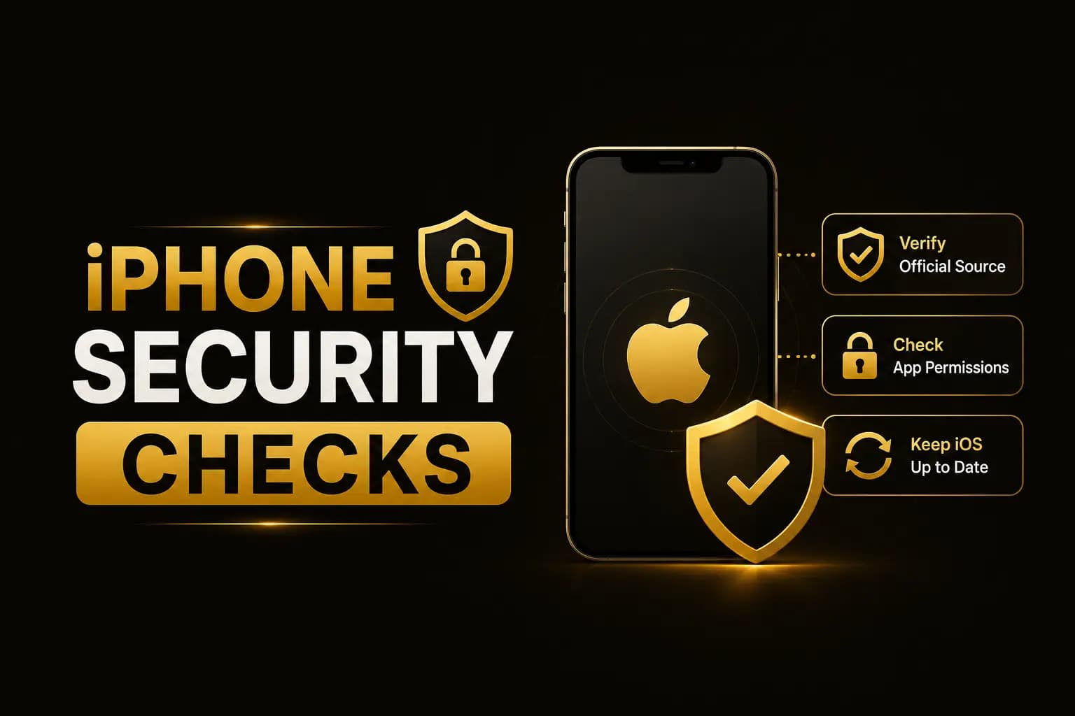 Iphone Security Checks iPhone Security Checks graphic with verify-source, app-permissions and update-iOS icons