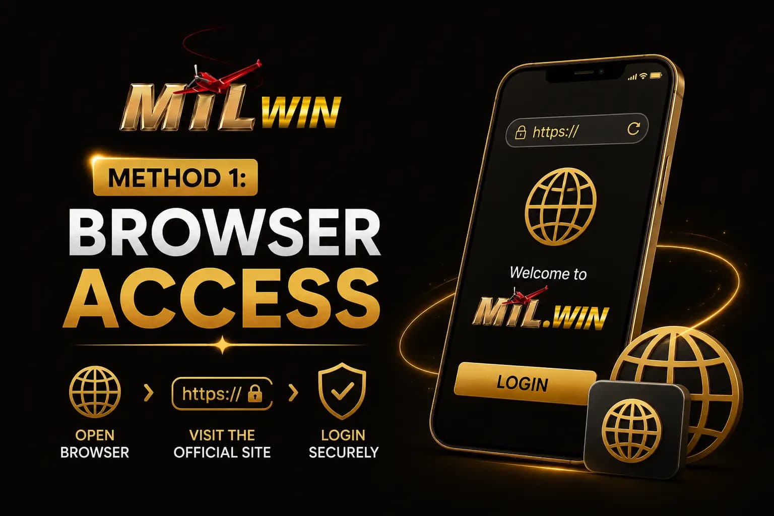 Method 1 Browser Access Method 1: Browser Access graphic showing a phone opening the Mil Win login page in a browser