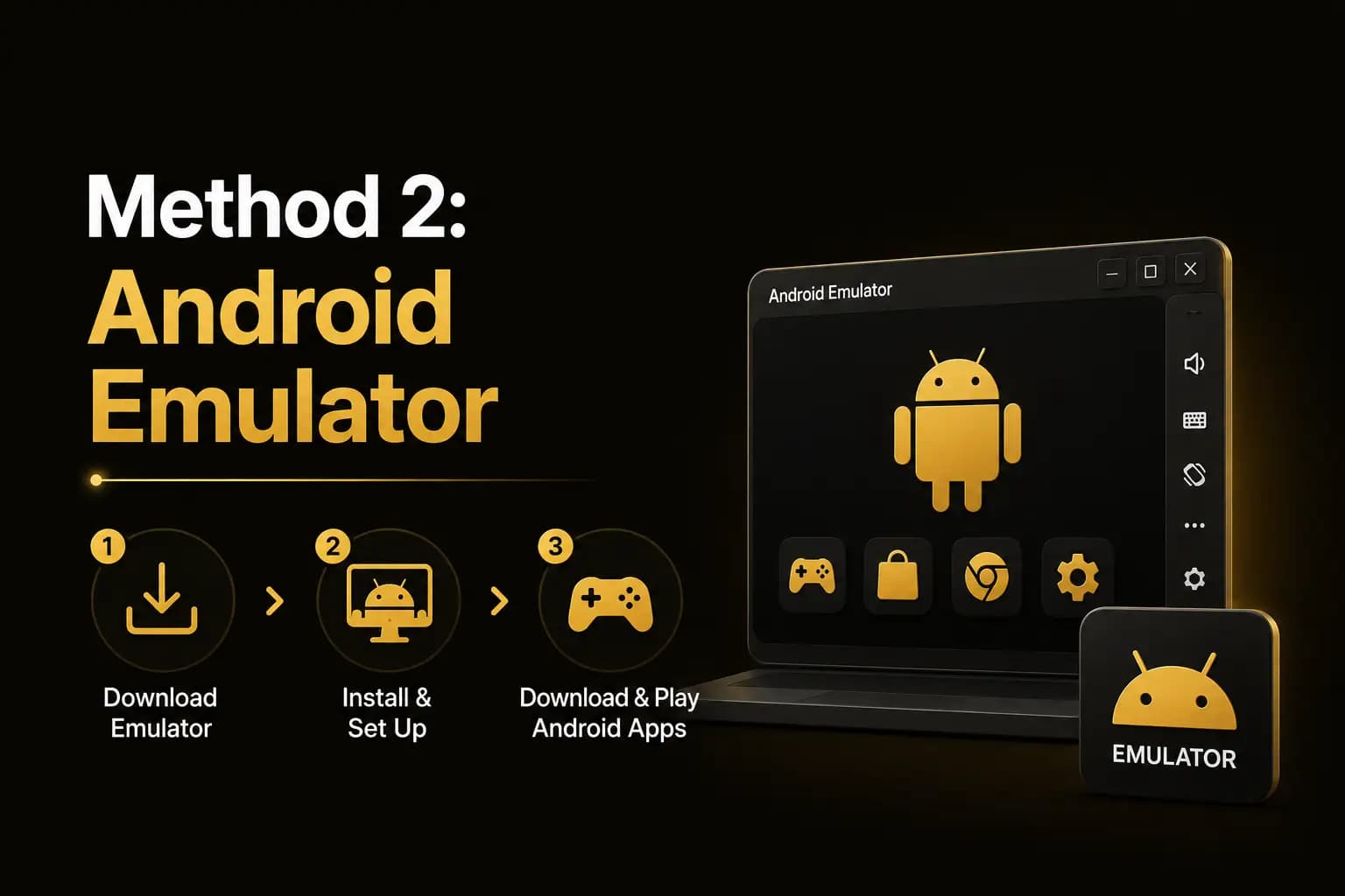 Method 2 Android Emulator Method 2: Android Emulator graphic showing the download, install and play steps on a laptop