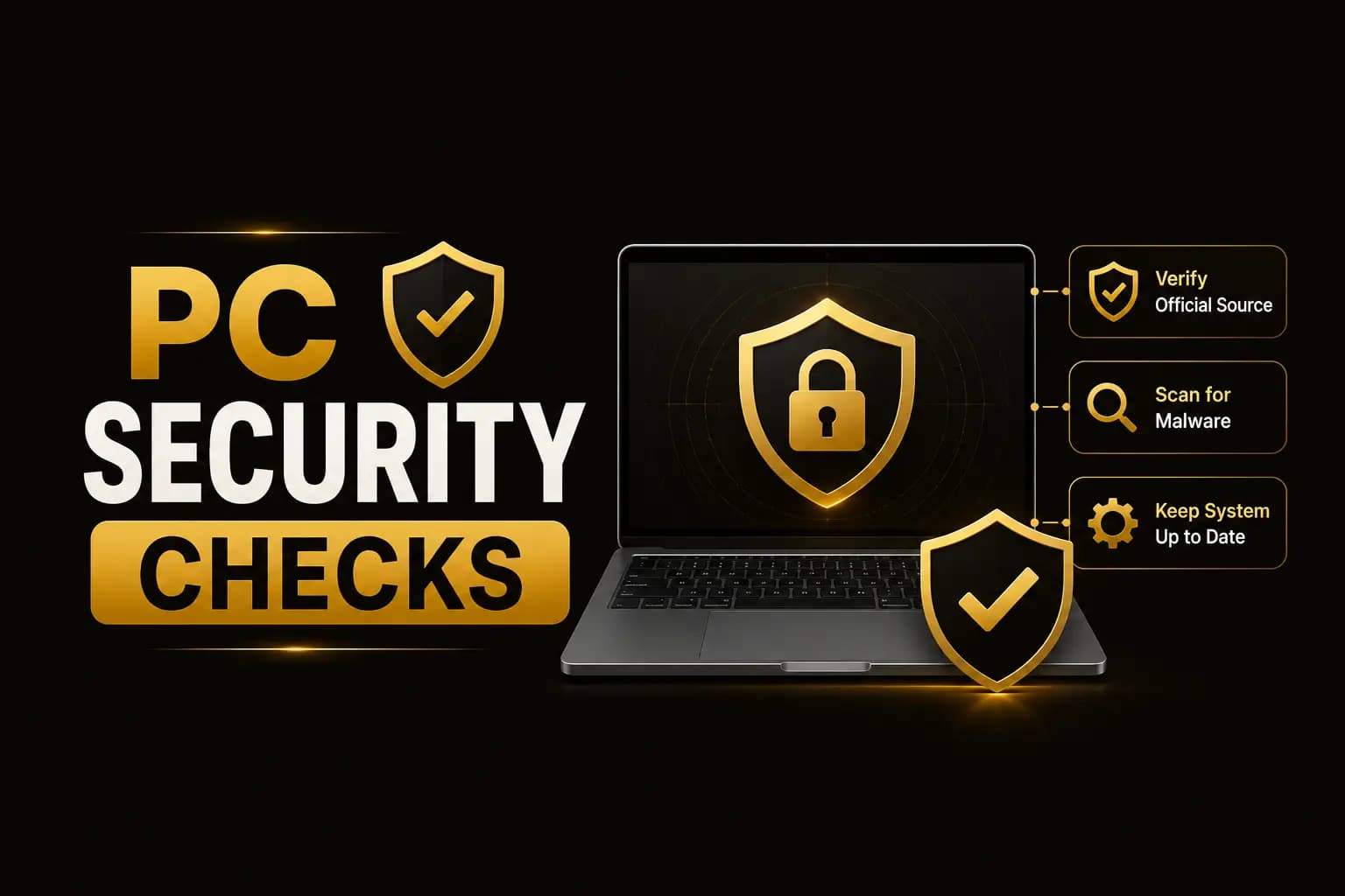 Pc Security Checks PC Security Checks graphic with a laptop, padlock shield and verification icons