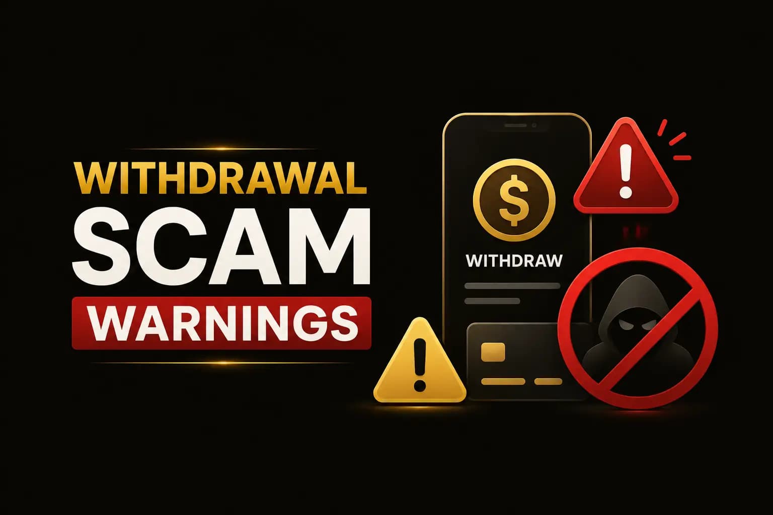 Withdrawal Scam Warnings Withdrawal Scam Warnings graphic with a phone, warning triangles and a blocked-scammer icon